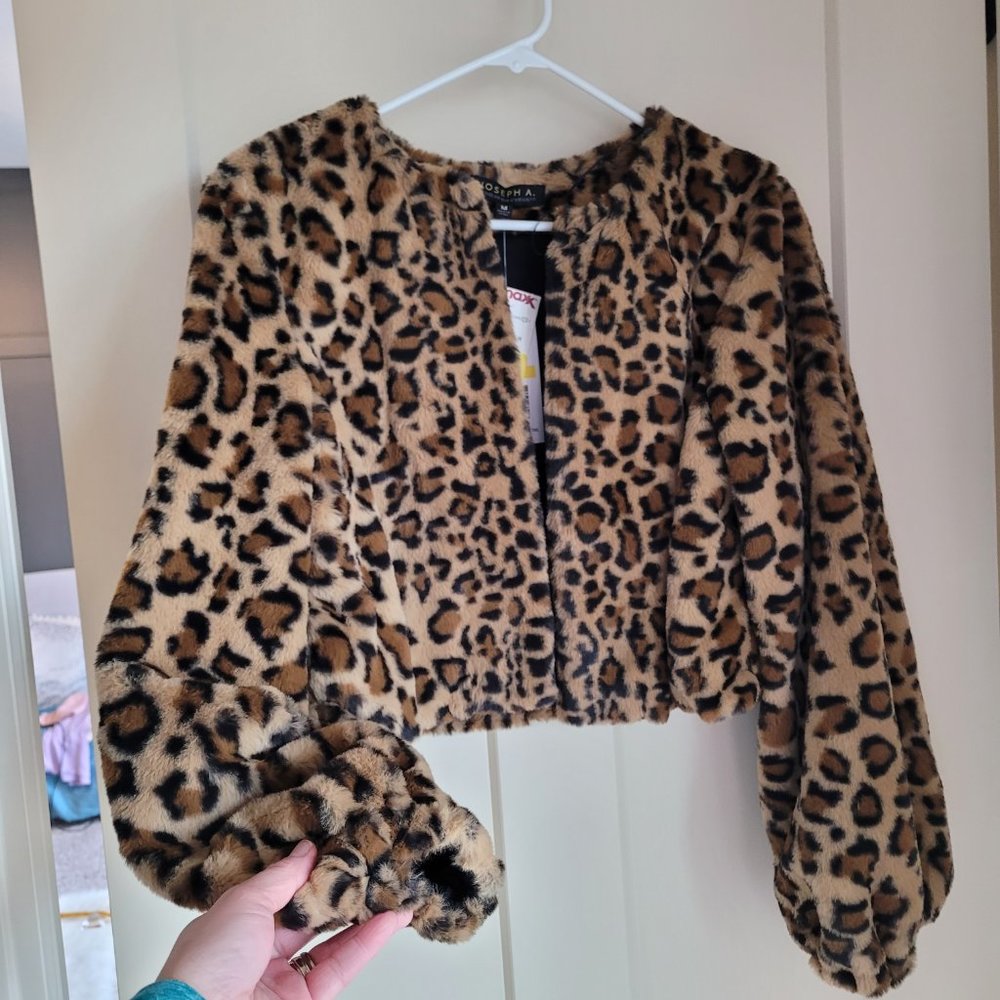 Joseph A Womens Faux Fur Leopard Print Crop Jacket Sz M Brown